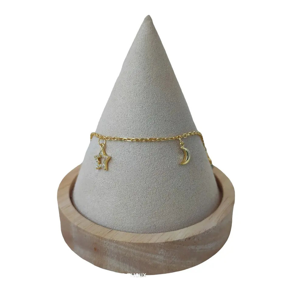 Tobillera media luna estrellas circones de plata 925 bañada en oro 18k 1