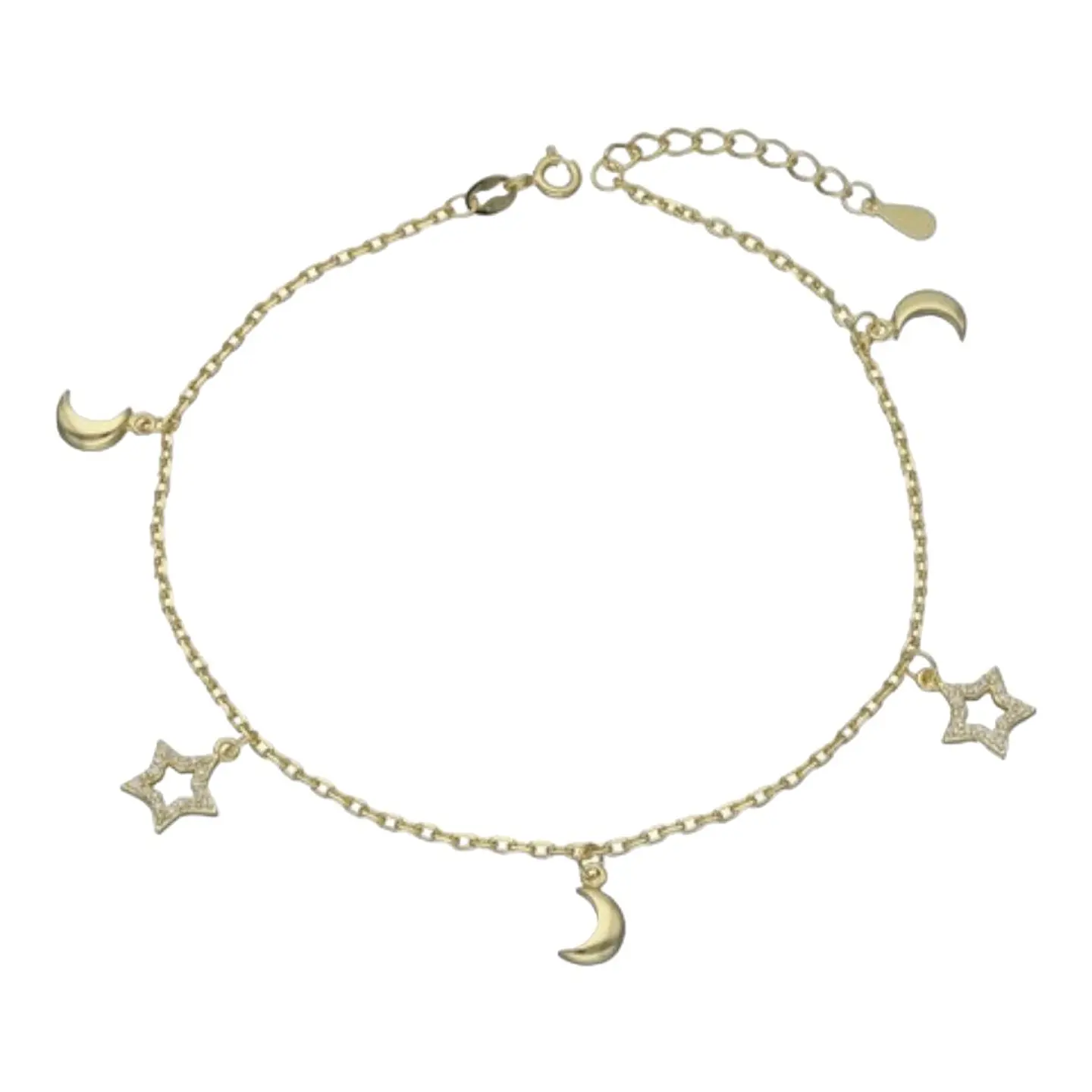 Tobillera media luna estrellas circones de plata 925 bañada en oro 18k 2