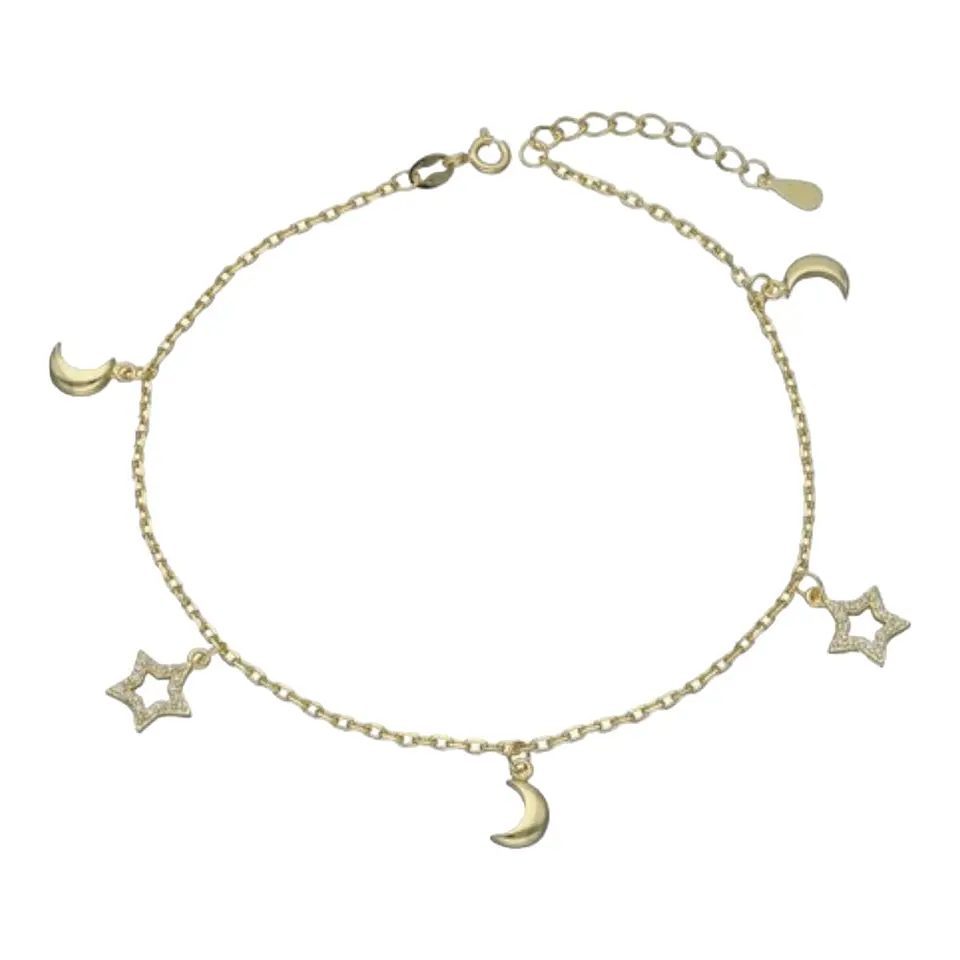 Tobillera media luna estrellas circones de plata 925 bañada en oro 18k 2