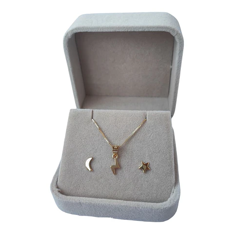 Conjunto desigual estrella luna y rayo de plata 925 bañado en oro 18k