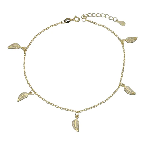 Tobillera hojas circones de plata 925 bañada en oro 18 k