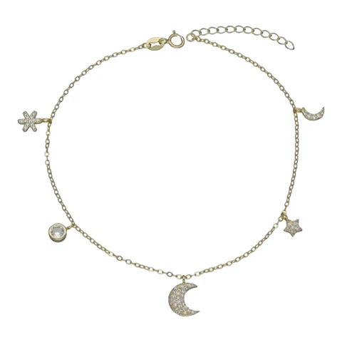 Tobillera luna estrella flor circones de plata 925 bañada en oro 18 k