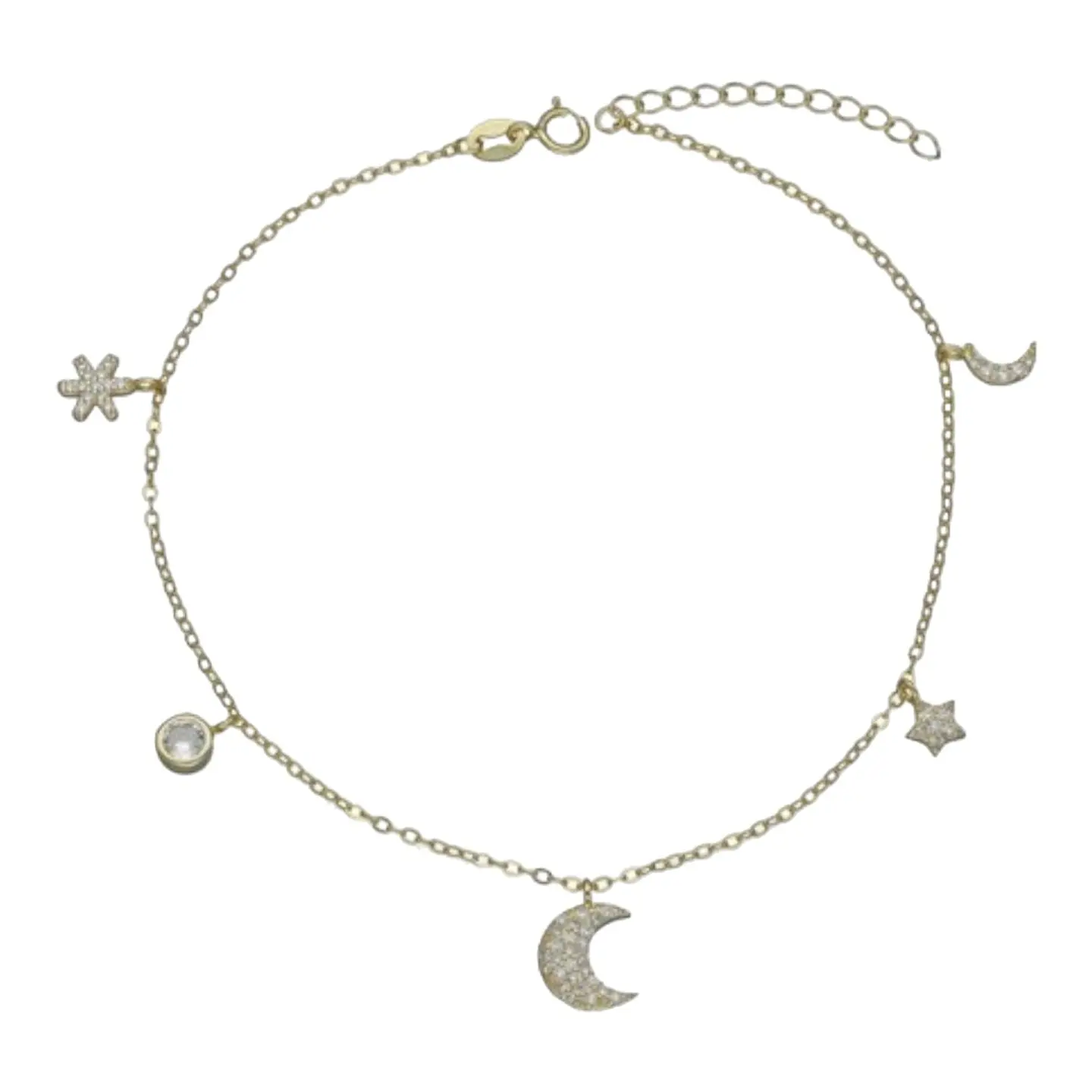 Tobillera luna estrella flor circones de plata 925 bañada en oro 18 k 1