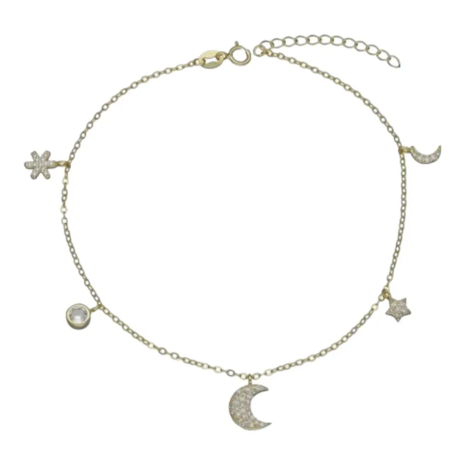 Tobillera luna estrella flor circones de plata 925 bañada en oro 18 k 1