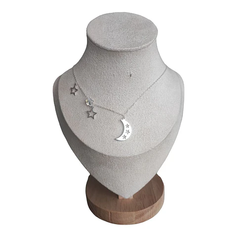collar media luna con estrellas y circon de plata s925
