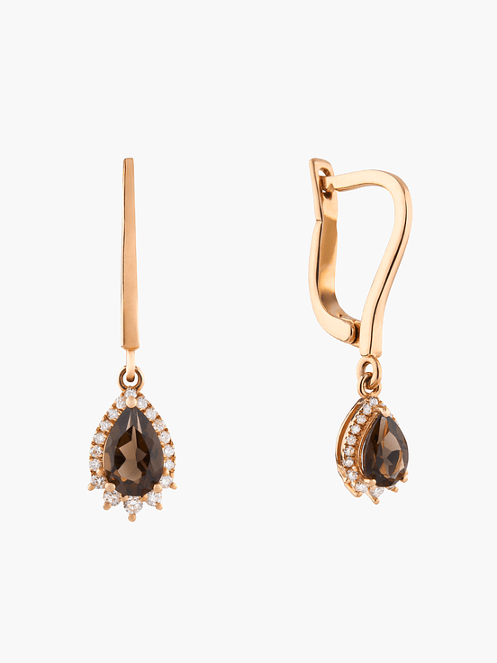 Pendientes Gota Cuarzo Ahumado Con Diamantes 2