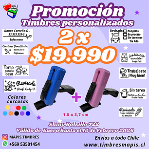 Promoción 2 timbres personalizados de bolsillo modelo S-722 marca Shiny