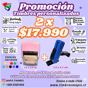 Promoción 2 timbes personalizados - modelo escritorio 911 y modelo bolsillo S-722