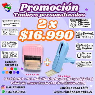 Promoción 2 timbes personalizados - modelo escritorio 911 y modelo bolsillo 412