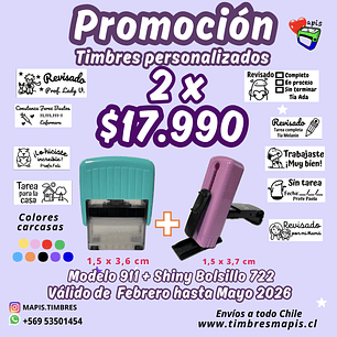 Promoción 2 timbes personalizados - modelo escritorio 911 y modelo bolsillo S-722
