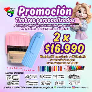 Promoción 2 timbes personalizados - modelo escritorio 911 y modelo bolsillo 412