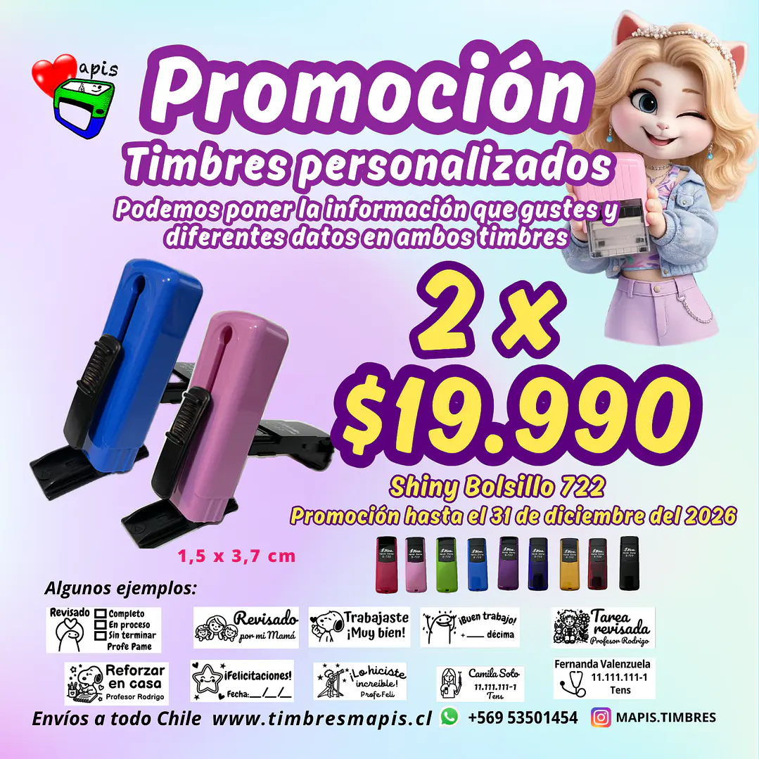 Promoción 2 timbres personalizados de bolsillo modelo S-722 marca Shiny 1