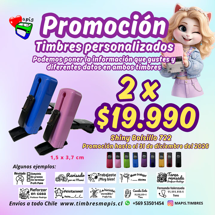 Promoción 2 timbres personalizados de bolsillo modelo S-722 marca Shiny 1