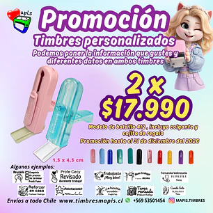 Promoción 2 timbres personalizados de bolsillo, modelo 412, 