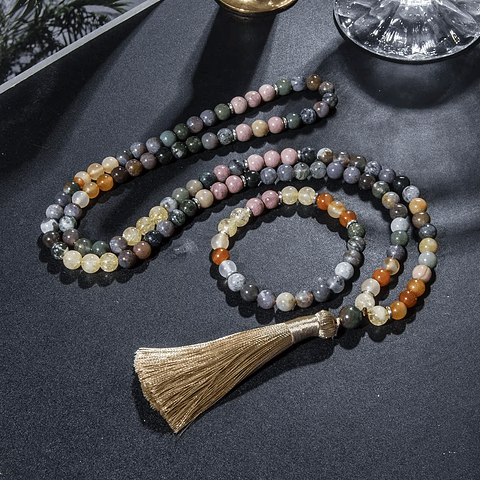 Japamala de 108 Cuentas en Citrino, Rodonita y Ágata de la India