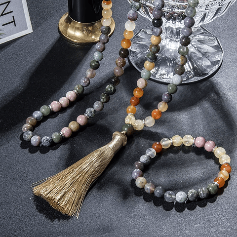 Japamala de 108 Cuentas en Citrino, Rodonita y Ágata de la India