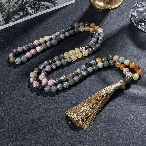 Japamala de 108 Cuentas en Citrino, Rodonita y Ágata de la India