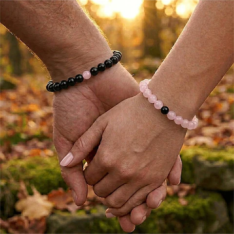 Brazaletes para Parejas Amor en Cuarzo Rosa y Ónix