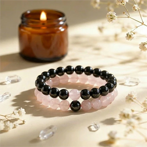 Brazaletes para Parejas Amor en Cuarzo Rosa y Ónix