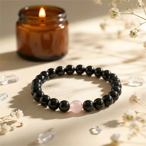Brazaletes para Parejas Amor en Cuarzo Rosa y Ónix