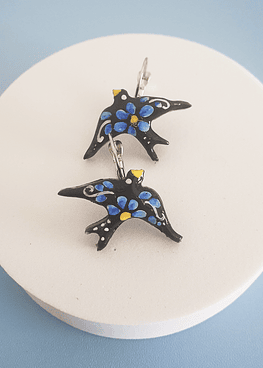 Handpainted Earrings | blue flower swallow