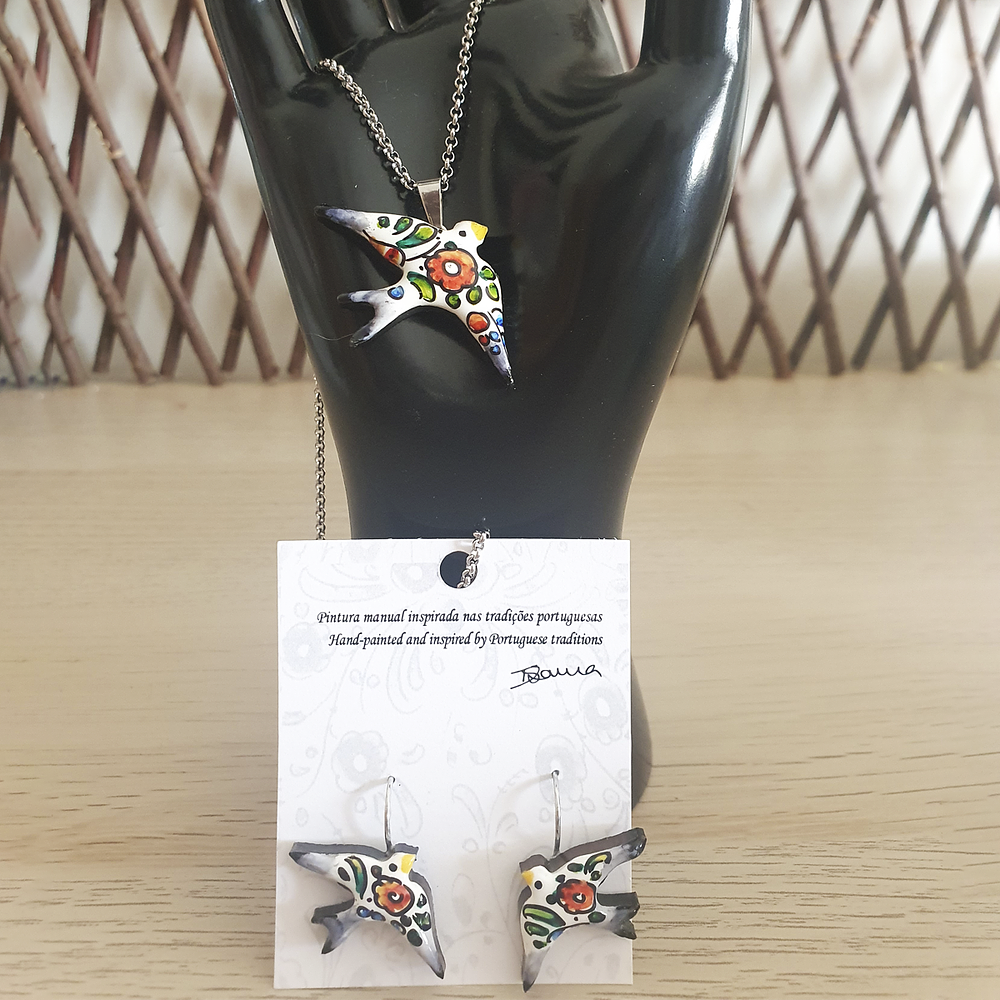 Handpainted Earrings and Necklace Set | Swallow Flower