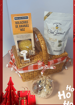 Special hamper in a basket lined with biscuits, tea and honey