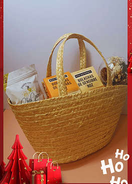 Hamper in palm basket with toast and tea