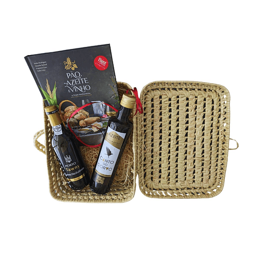 Recipe book basket, olive oil and wine