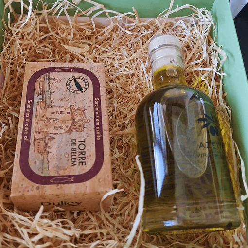 Special box with olive oil and sardines in olive oil
