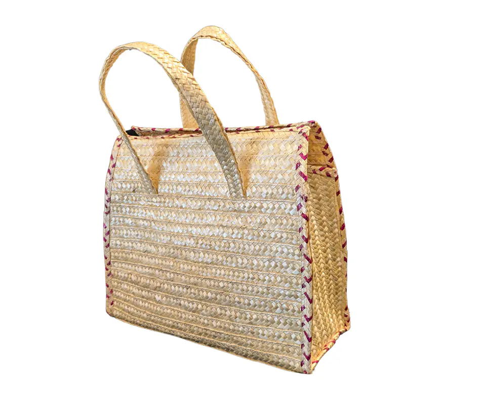 Handcrafted colorful rye straw suitcase - pink detail 2