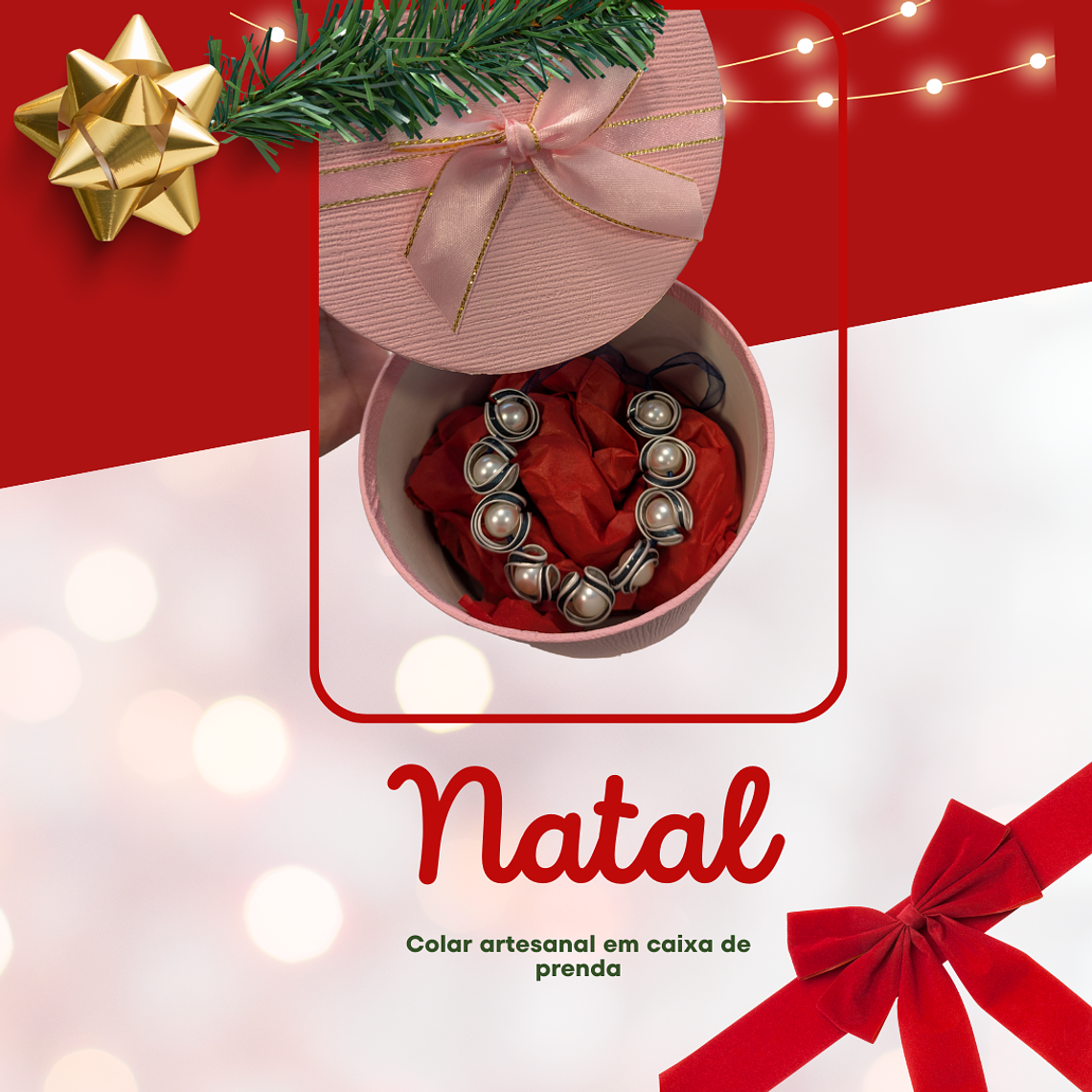 Collar hecho a mano con cápsulas de café recicladas, presentado en una caja de regalo con cinta. 1