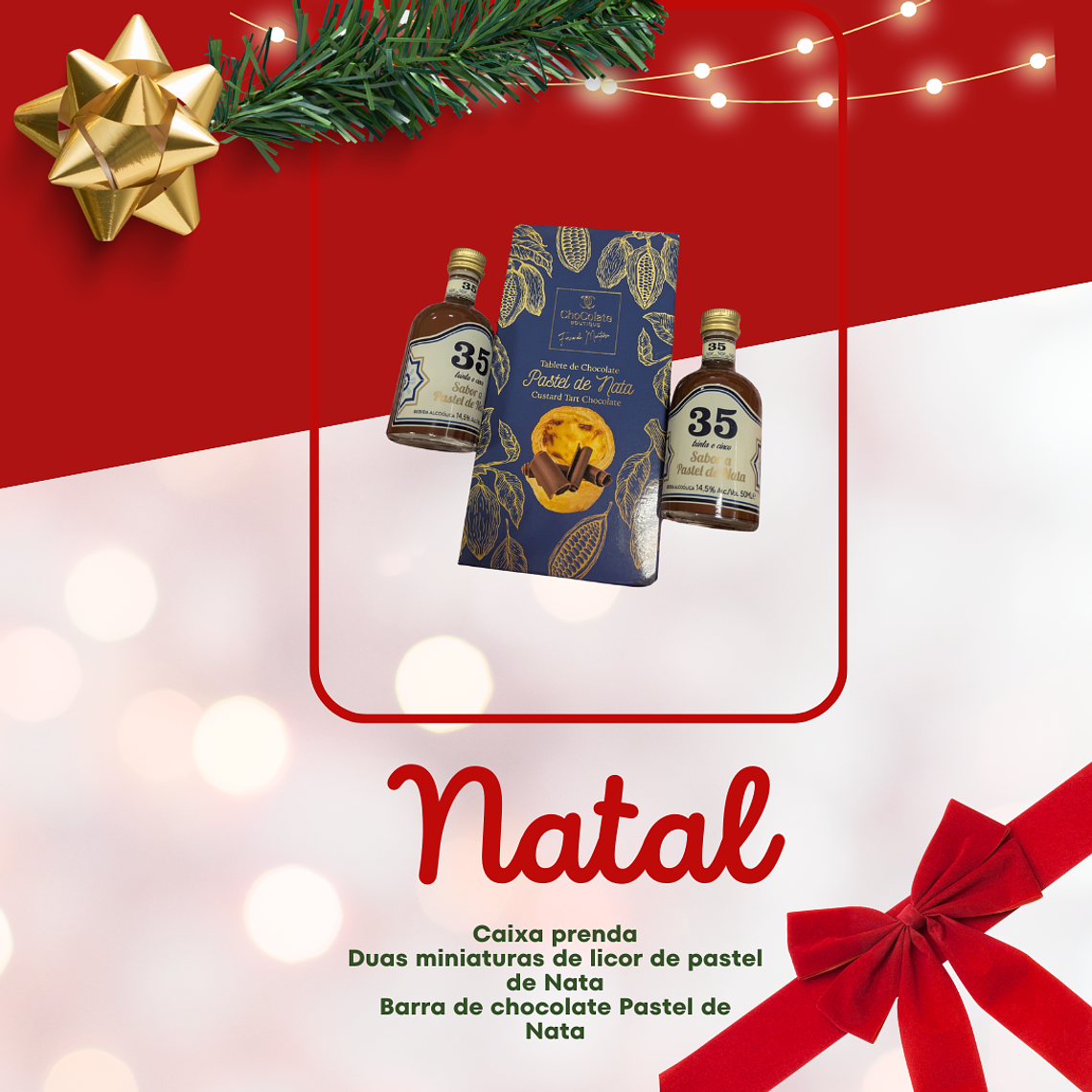 Cesta con barra de chocolate y 2 licores pastel de crema en miniatura 1