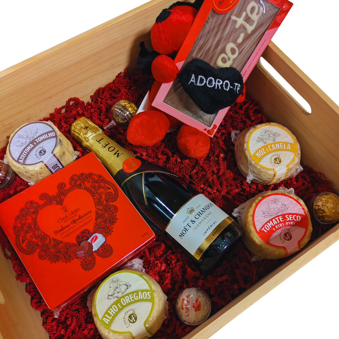 Caja de Madera Gourmet & Romance con Vino Espumoso/Vino a elegir 2