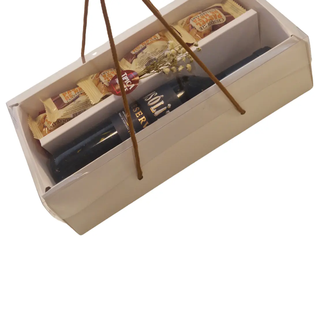 Caixa com alças gourmet com bebida e chocolate 2