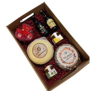 Caixa tabuleiro com queijos, mel, pasta de frutos e vinho