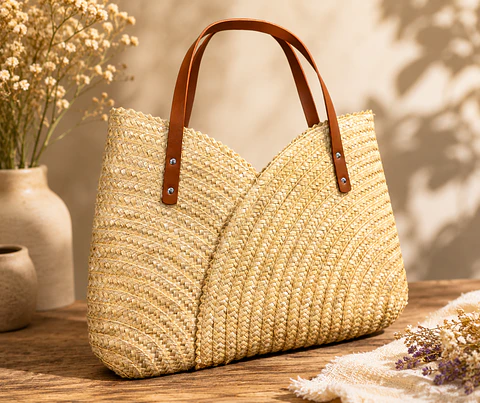 Bolso estilizado de paja de centeno con asa de cuero.