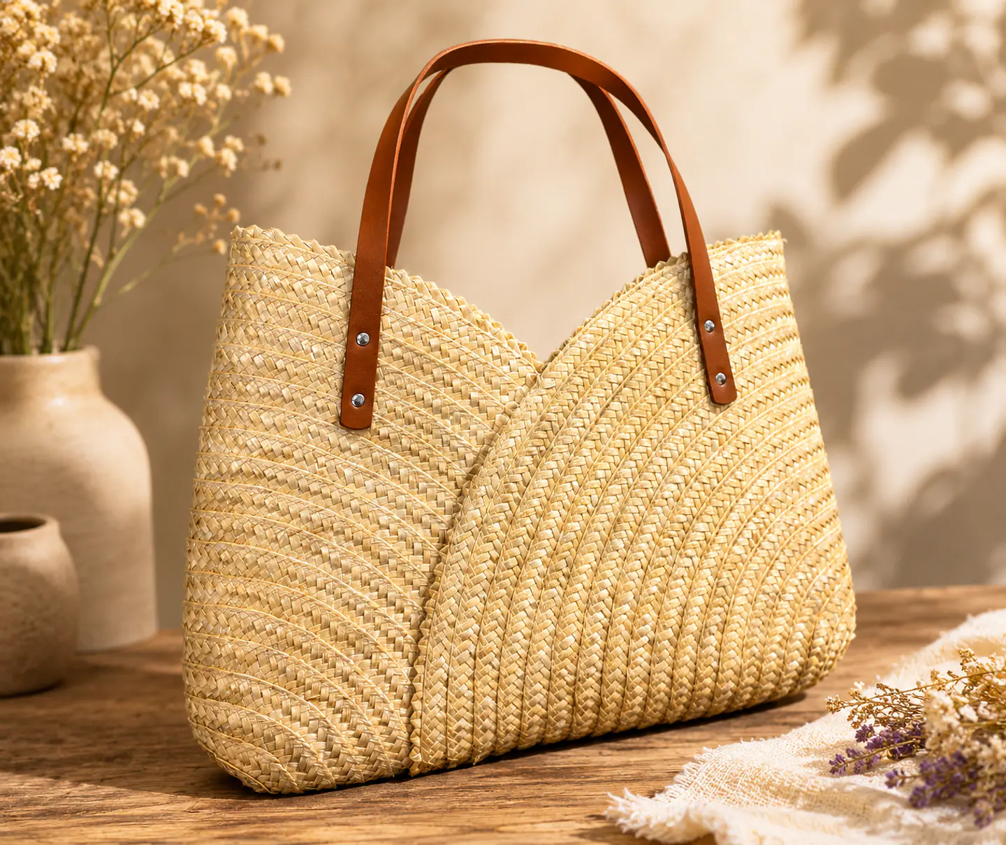 Bolso estilizado de paja de centeno con asa de cuero. 1