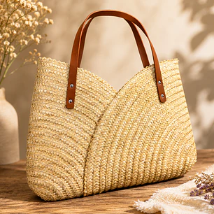 Sac stylisé en paille de seigle avec anse en cuir