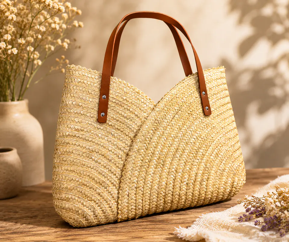 Bolso estilizado de paja de centeno con asa de cuero. 1