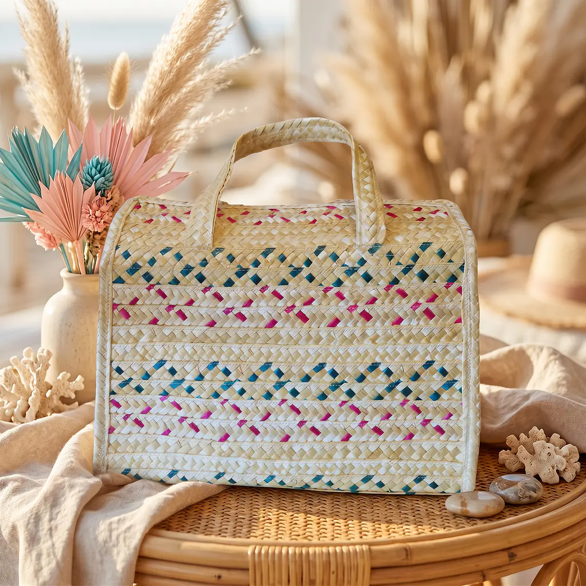 Bolso de paja de centeno hecho a mano con hilos de colores 1
