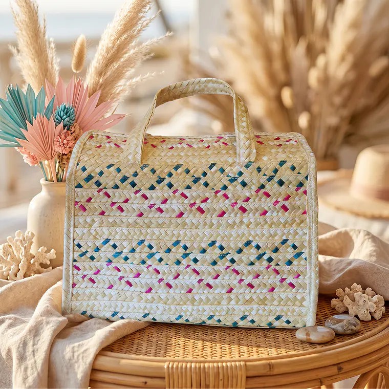 Bolso de paja de centeno hecho a mano con hilos de colores 1
