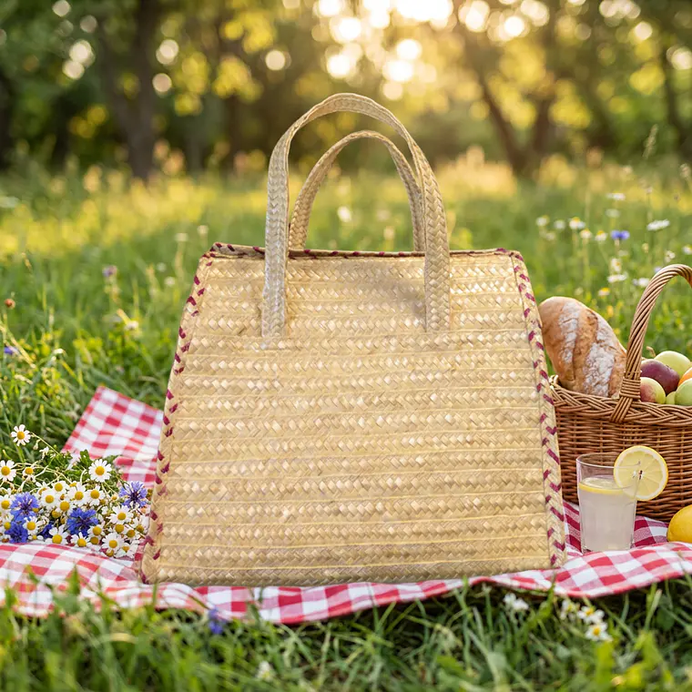 Handcrafted colorful rye straw suitcase - pink detail 5
