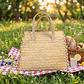 Handcrafted colorful rye straw suitcase - pink detail - thumbnail 5