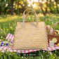Handcrafted colorful rye straw suitcase - pink detail - thumbnail 1