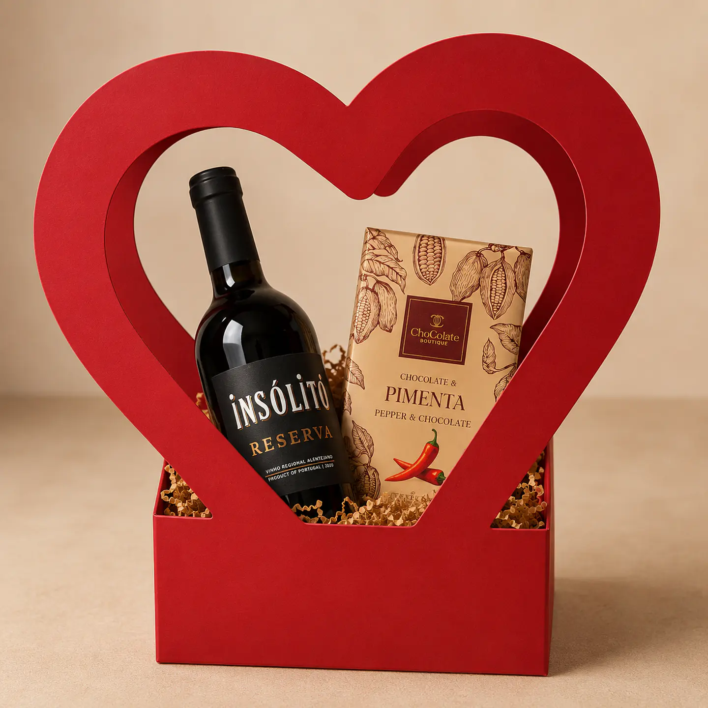 Regalo en caja con forma de corazón: chocolate y vino. 1