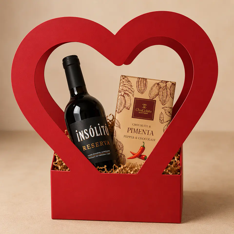 Regalo en caja con forma de corazón: chocolate y vino. 1