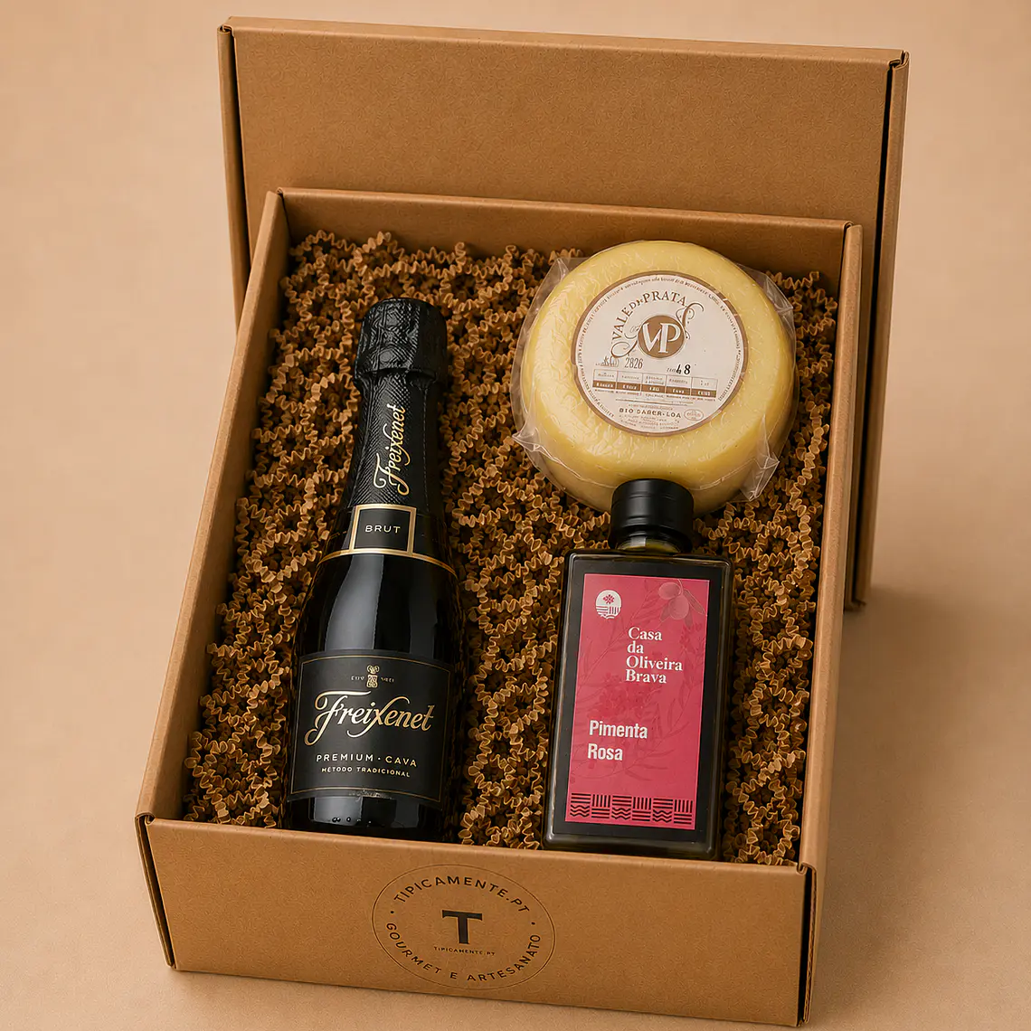 Special gourmet basket with beverage, flavored olive oil, and cheese. 2