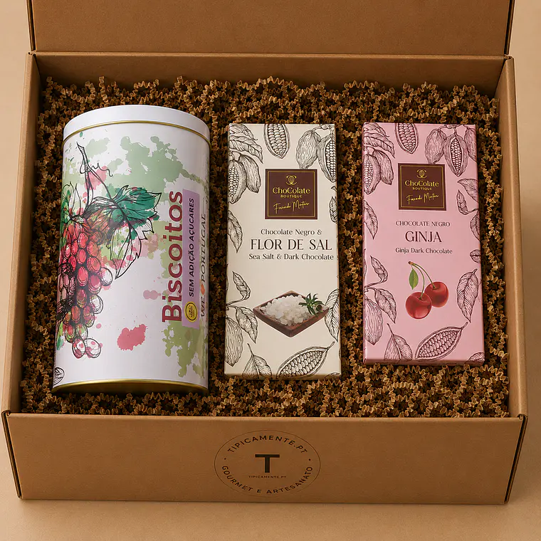 Cabaz Gourmet – Lata Vinhas com Bolachas Artesanais & Chocolate Português 2