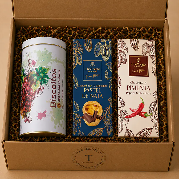Cabaz Gourmet – Lata Vinhas com Bolachas Artesanais & Chocolate Português 1